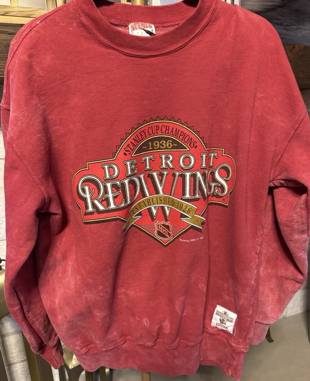 Vtg 90s Nutmeg Mills Detroit Red Wings Sweatshirt Heritage Series Red Distressed